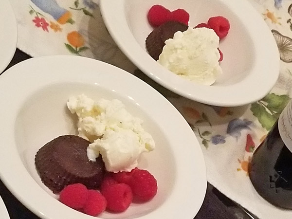Molten chocolate cake and house made French vanilla ice cream.