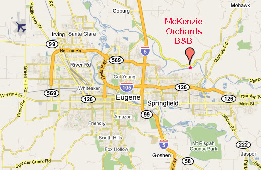 McKenzie Orchards B and B in the country, close to Eugene Oregon